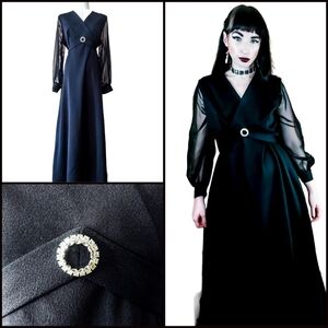 Vintage 1970s Sheer Bishop Sleeve Empire Waist Rhinestone Prom Maxi Dress